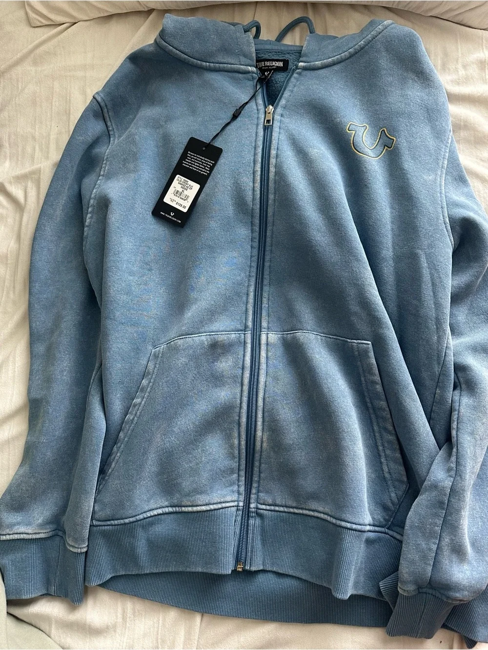 True Religion Faded Blue Graphic Crewneck with Yellow Accents